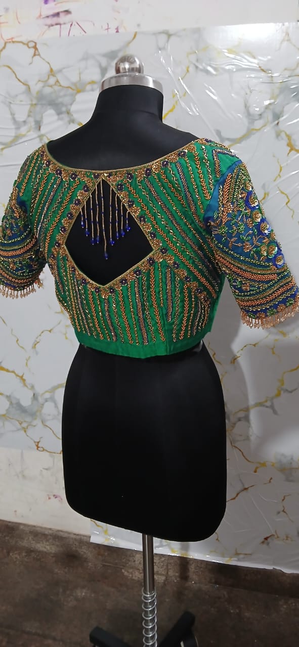 Green Aari Work Blouse Back Design